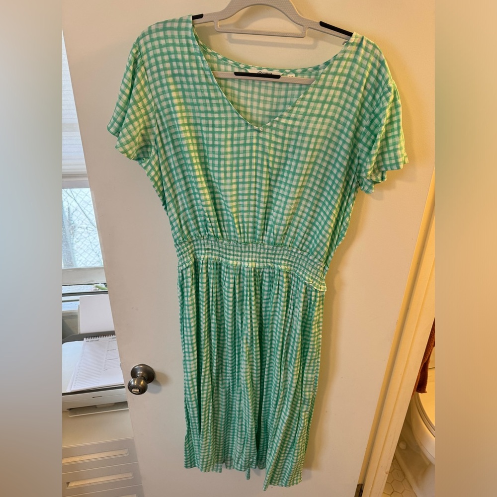 Candace Cameron Bure Green Checkered Smock Dress